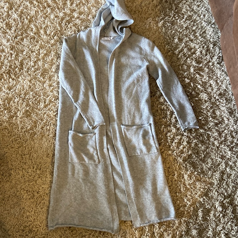 Light gray long cardigan sweater with hood